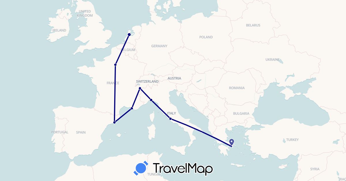 TravelMap itinerary: driving in Spain, France, Greece, Italy, Netherlands (Europe)